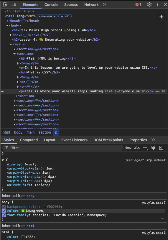 a screenshot of the CSS debugging window from Google Chrome